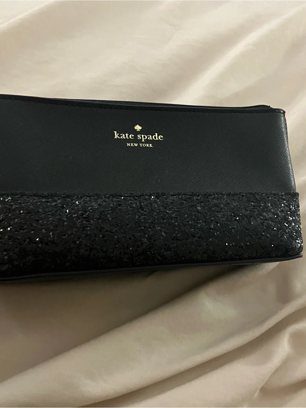 Kate Spade New York Black Saffiano Leather Glitter Makeup Bag Cosmetic Pouch Zip